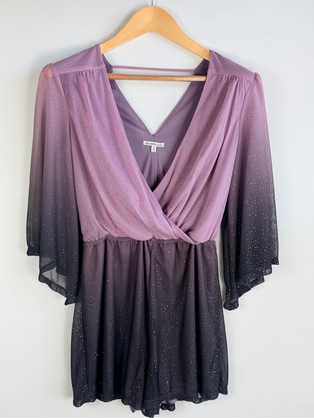 Charlotte Russe Purple Black Ombre Glitter Romper Size Medium Bell Sleeve